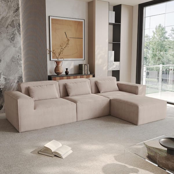 J&E Home 118 in. Square Arm Corduroy L-Shaped 4-Piece Modular Sectional Sofa in Brown with Ottoman