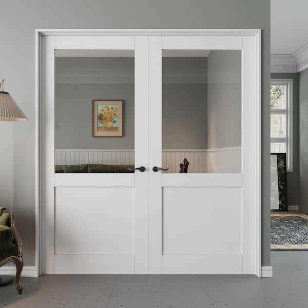 72 in. x 80 in. 1/2-Lite Clear Glass Universal White Solid Core Wood Double Prehung French Door Plus Quick Assemble Jamb