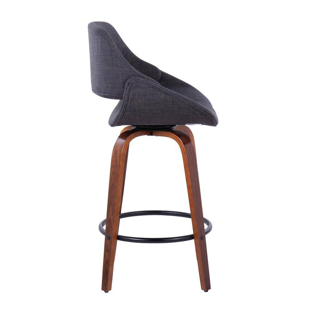 Charcoal Upholstered Walnut Wood Swivel Counter Stools with Black Metal Footrest, Set of 2