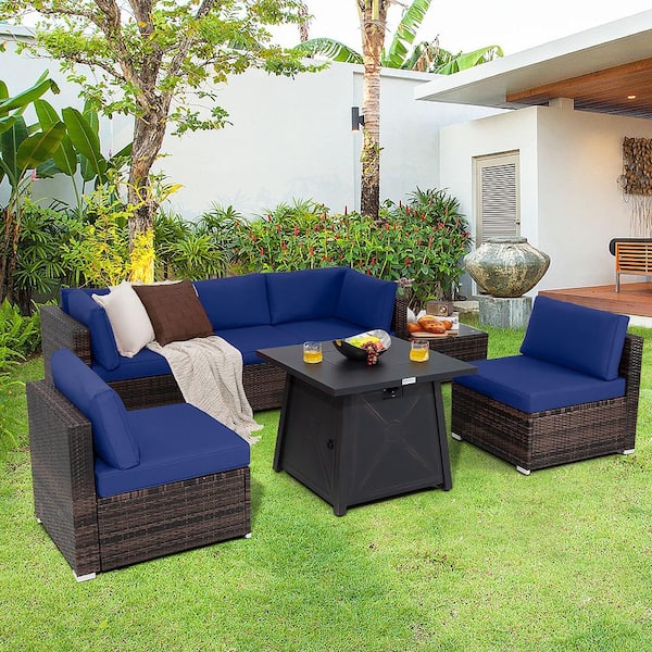 7-Piece Wicker Patio Conversation Set with Navy Cushion & Fire Pit Table & Cover