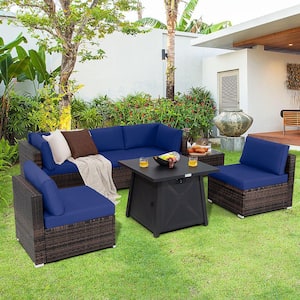 7-Piece Wicker Patio Conversation Set with Navy Cushion & Fire Pit Table & Cover