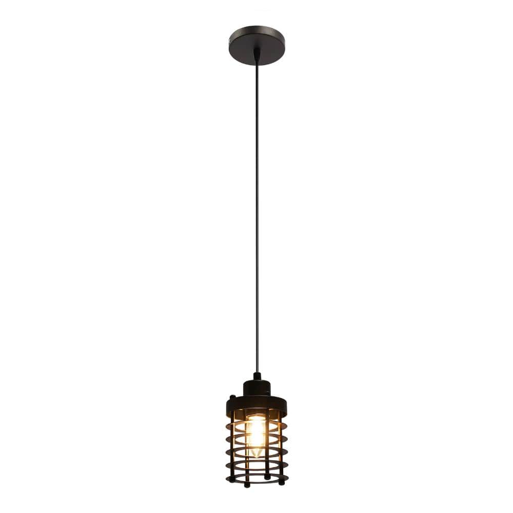 OUKANING 1-Light Black and Rust Color Vintage Pendant Light with Iron Cage Lamp Shade for Dining Room Kitchen Island, No Bulbs In