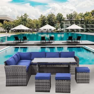 Gray 7-Piece Wicker Outdoor Patio Conversation Set with Navy Blue Removable Cushions, Dining Table and Ottomans