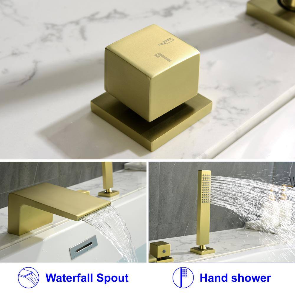Brushed Gold Single-Handle Waterfall Tub Faucet with Hand Shower