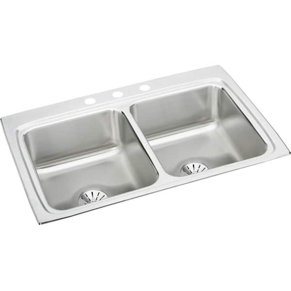 Lustertone Classic Drop-In Stainless Steel 33 in. 1-Hole Equal Double Bowl Kitchen Sink with Perfect Drain