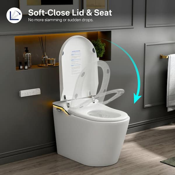 Auto Open Close Seat 1.28 GPF Elongated Smart Bidet Toilet in Glossy White with Foot Sensor Adjustable Sprayer Settings