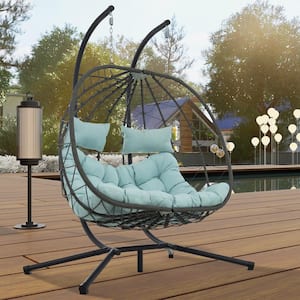 2-Person PE Rattan Wicker Outdoor Courtyard Terrace Garden Egg Chair with Bracket Hanging Basket Green Seat Cushion