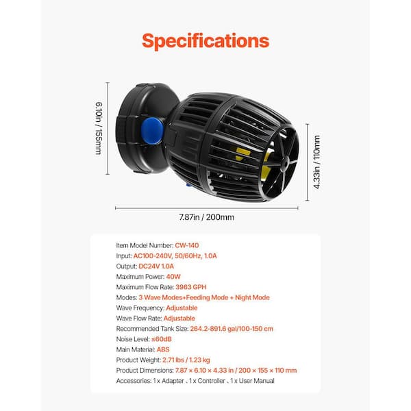 SKYSHALO Aquarium Wave Maker 40W 3963 GPH Quiet Strong DC