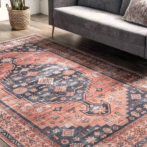 nuLOOM Paisley Machine Washable Faded Floral Border Medallion Area Rug, Pink, 8x10 ft