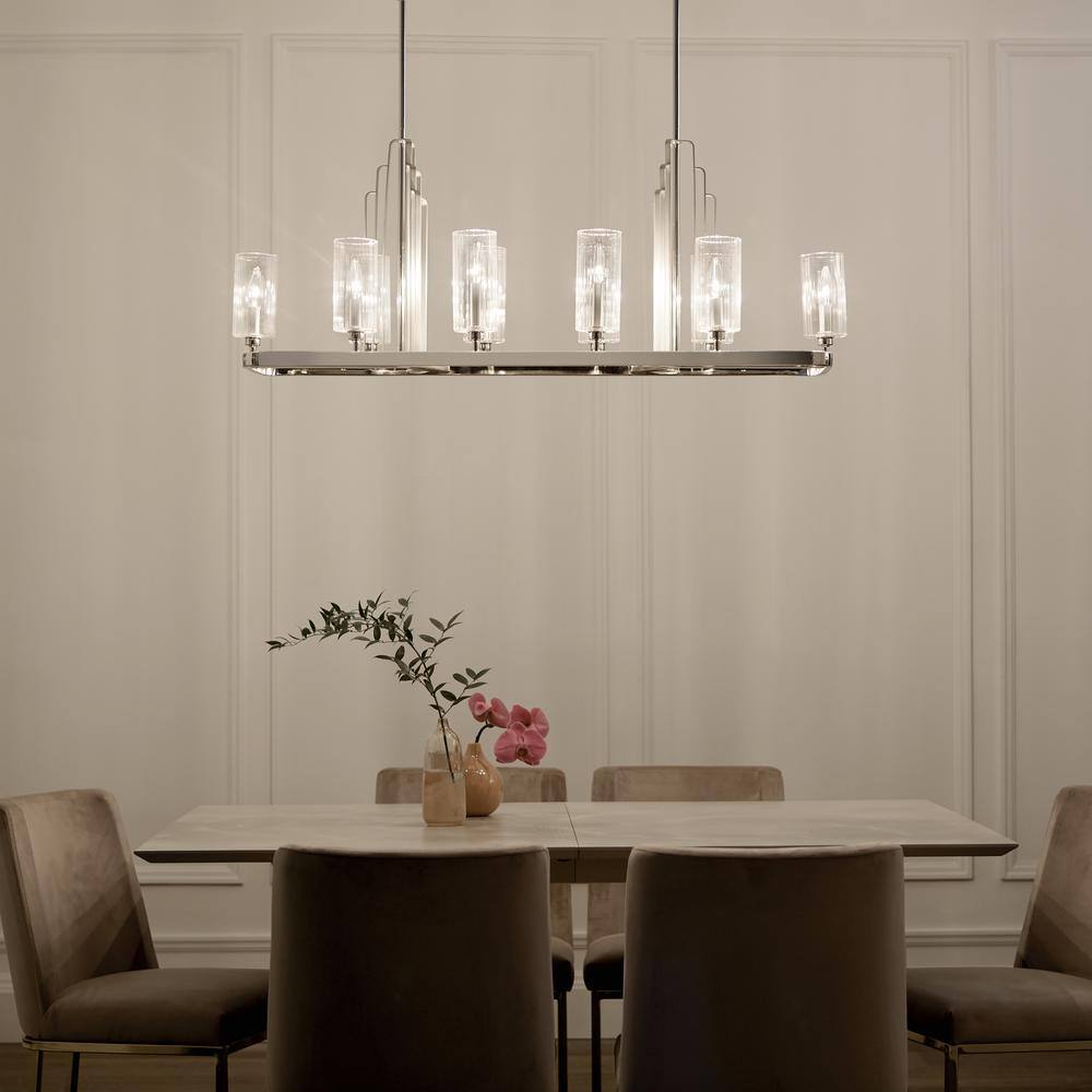 Kimrose Polished Nickel 10-Light Linear Chandelier with Clear Fluted Glass