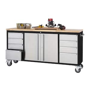 72 in. 8-Drawer Black Rolling Mobile Workbench with Stainless Steel Face