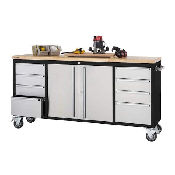 TRINITY 72 in. 8-Drawer Black Rolling Mobile Workbench with Stainless Steel Face