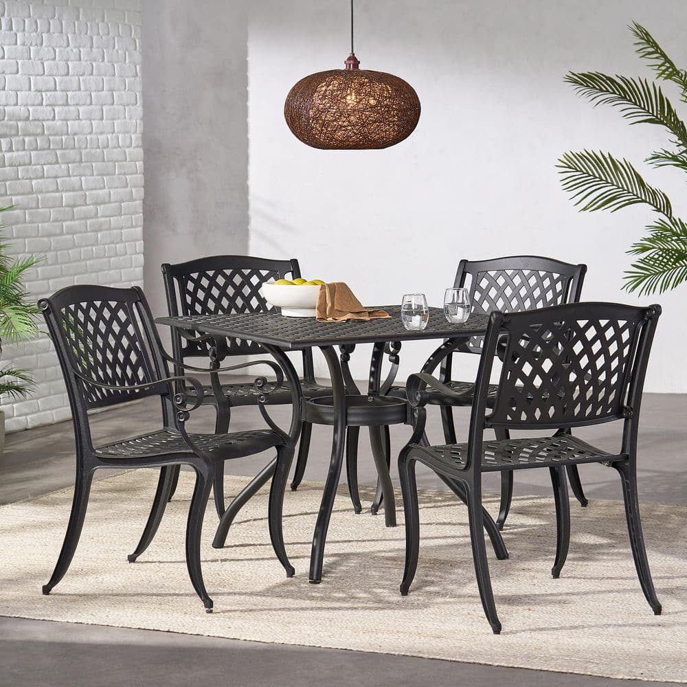 5-Piece High-Quality Black Cast Aluminum Square Outdoor Dining Set with Mesh-Style Backrest, Seat Rest and Umralla Hole price history on PriceWatchPro