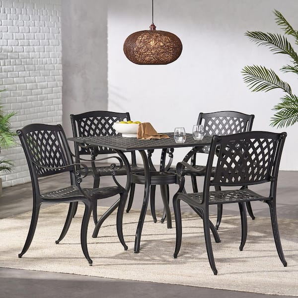 5-Piece High-Quality Black Cast Aluminum Square Outdoor Dining Set with Mesh-Style Backrest, Seat Rest and Umralla Hole