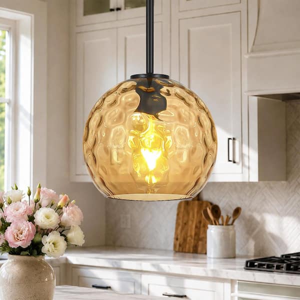 RayHome 1-Light Modern Amber Adjustable Pendant Light with Globe Hammered Glass Shade for Kitchen Island Bedroom