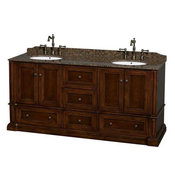 Wyndham Collection Rochester 73.5 in. Double Vanity in Cherry with Granite Vanity Top in Baltic Brown and Oval Sinks
