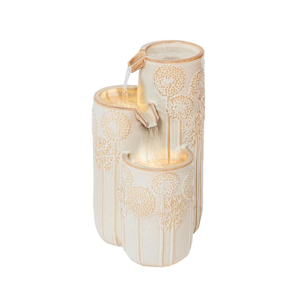 Xbrand 25 in. H Freestanding Cascadian Outdoor Garden Fountain w/Flower Details and Warm LED Lights, Ceramic, Beige