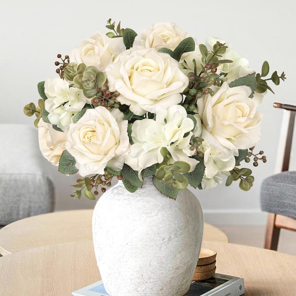 LIVING LUXURY 19 in. Cream Ivory Artificial Elegant Rose Hydrangea Flower Stem Bush Bouquet (Set of 2)