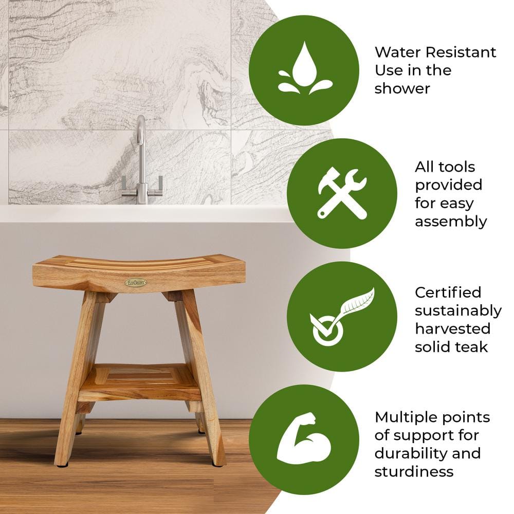 Serenity 20" EarthyTeak Solid Wood Spa Shower Bench with Shelf