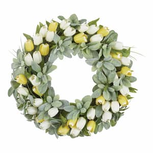 24 in. Artificial Yellow Tulip Wreath with Greenery