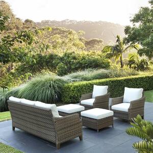 Canton Brown 5-Pieces Wicker Patio Conversation Set with White Cushions