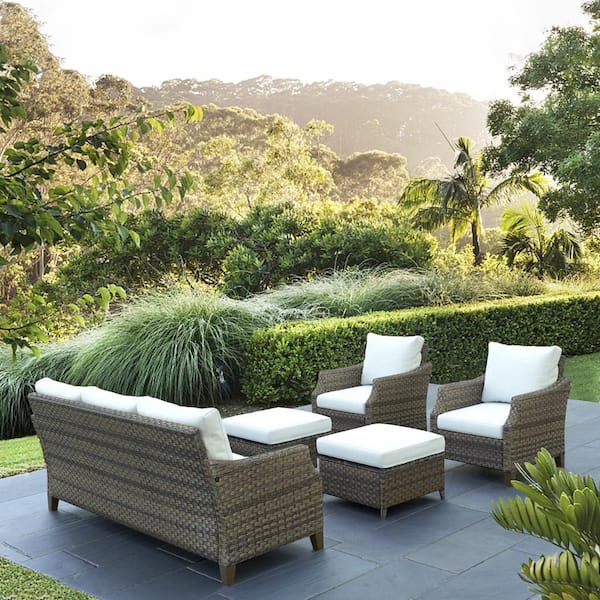 Gymojoy Canton Brown 5-Pieces Wicker Patio Conversation Set with White Cushions