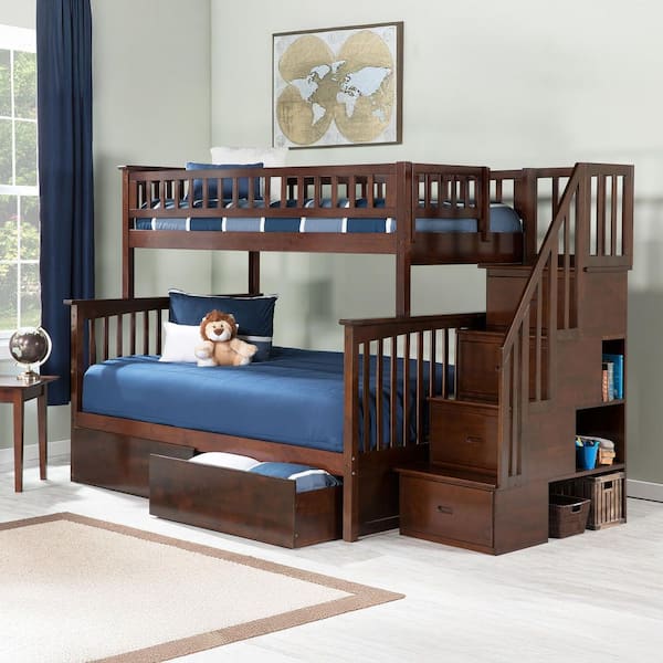 AFI Columbia Staircase Walnut Twin Over Full Bunk Bed with 2-Urban Bed Drawers