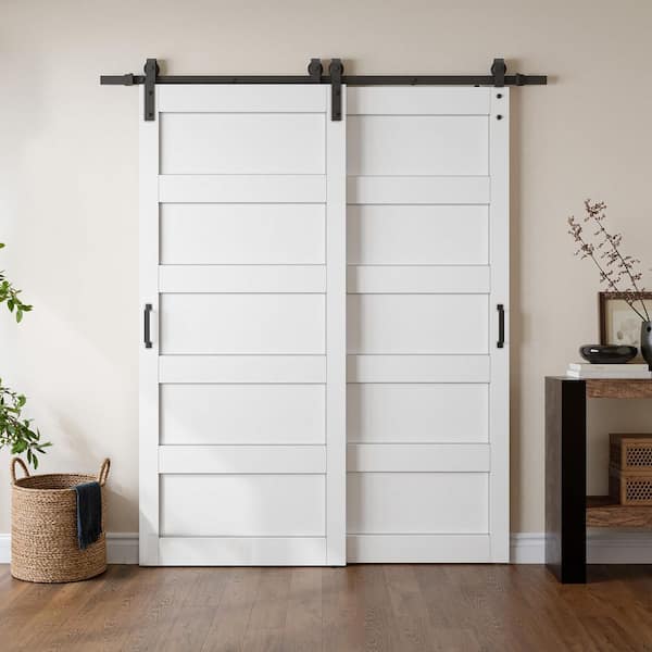 65 in. x 84 in. 5-Panel White MDF Interior Double Bypass Sliding Barn Door with Hardware Kit