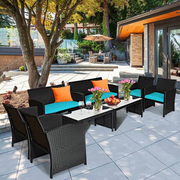 gymax 8pcs rattan patio conversation set cushioned outdoor furniture set