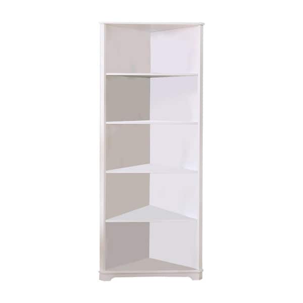 Benjara Contemporary Style 78 in. H White Solid Wood 5 Shelf Corner Bookshelf