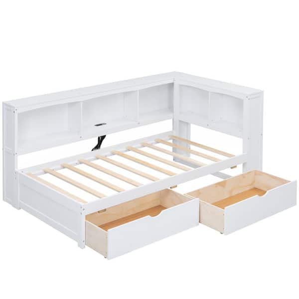 Qualler White Twin Size Daybed with Shelves, Drawers and USB Ports