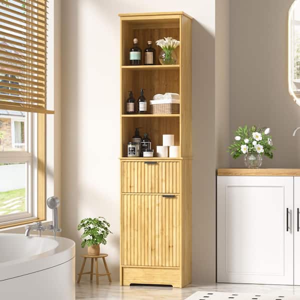VEIKOUS 68 in. H Bamboo Accent Cabinet Storage Tall Cabinet with Curved Profile and Drawer in Yellow