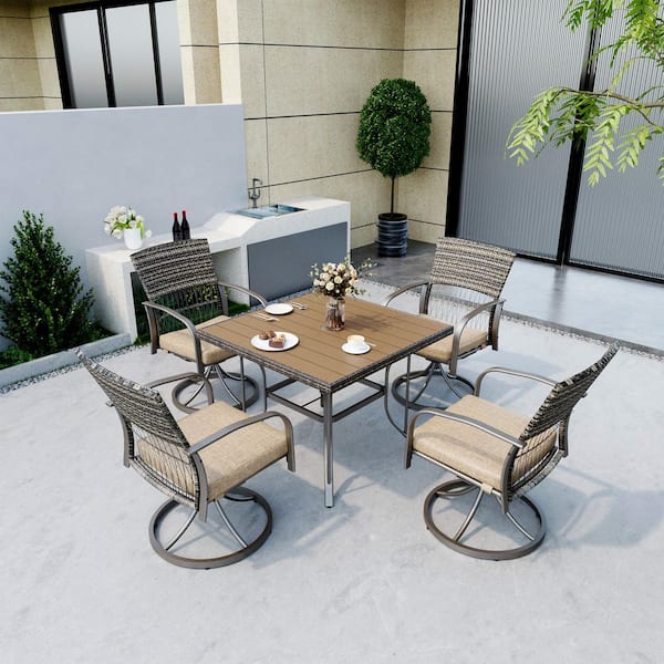 Beige Wicker Rattan Swivel Patio Dining Chair with Cushion 2-Pack