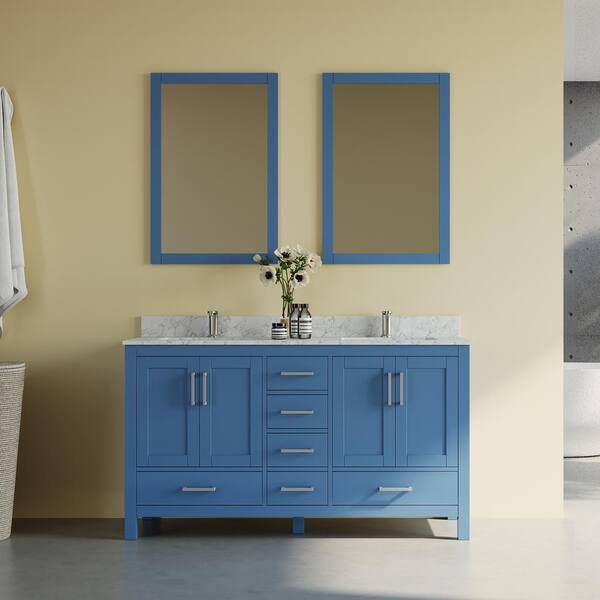 MEDUNJESS 60 in. W x 22 in. D x 35 in. H Double Sinks Bath Vanity Cabinet in Blue with Cultured Marble Top and Mirror