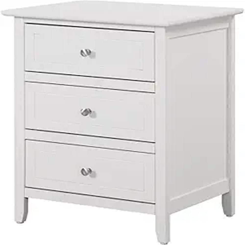 White 3-drawer nightstand shown from a different 3/4 angle.