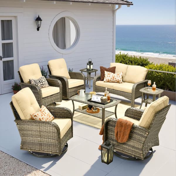 Hot Sale Atlas Gray 8-Piece Wicker Outdoor Sectional Patio Conversation Set w/ 4-Swivel Rocking Chair and Beige Cushion