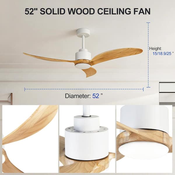 52" Ceiling Fan with Dimmable LED Light, Remote, Quiet DC Motor, 6-Speed, 3-Rod Adjustable, Reversible, White + Natural