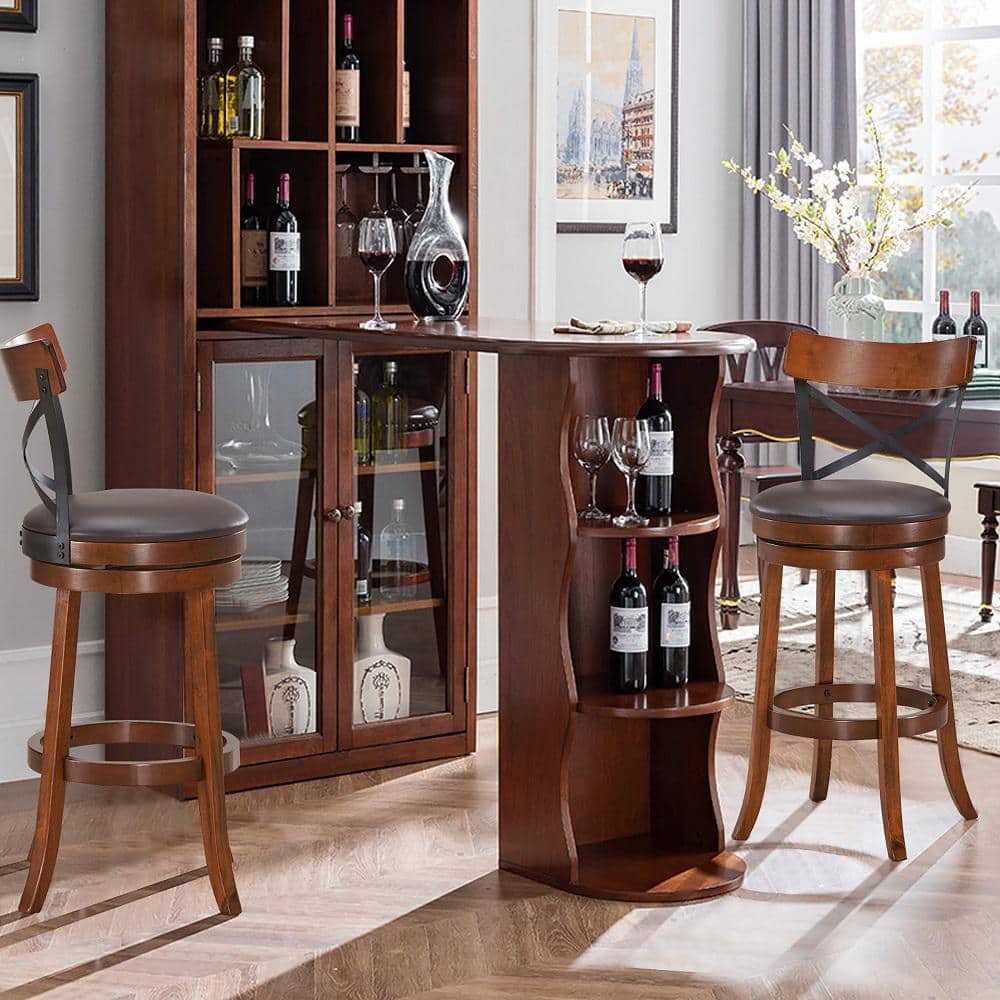 Set of 2 Walnut and Black Swivel Bar Stools with Rubberwood Legs
