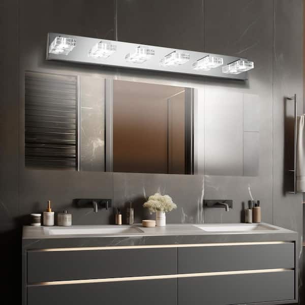 38 in. Chrome 6-Light LED Vanity Light, Square Acrylic Lampshades Wall Mount Fixture for Bathroom, Mirror Lighting