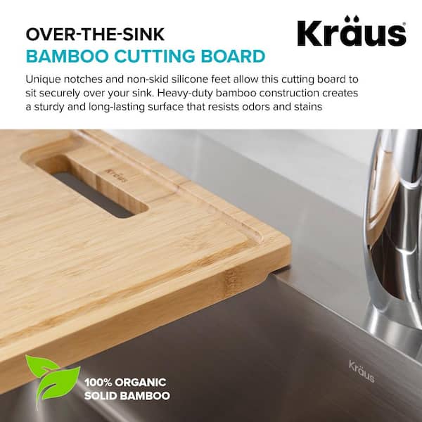 Kraus KCBWS104BB Solid Bamboo Cutting Board with Built-In Grooves,  Non-Porous Surface, Space-Saving Design, BPA-Free, and FDA Approved: 16 Inch