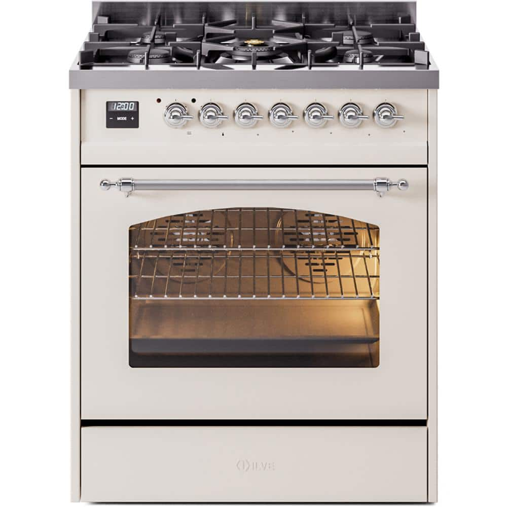 Nostalgie II 30 in. 5-Burner Freestanding Dual Fuel Range in Antique White with Chrome Trim -  ILVE, UP30NMPAWC