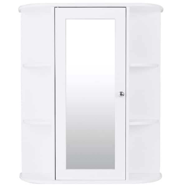 HONEY JOY White Single Bathroom Storage Cabinet Spacesaver Open Shelves w/Mirrored Organizer