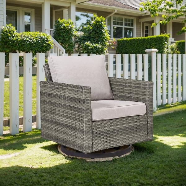 moosprr U-Foot Gray Swivel Glider Wicker Outdoor Rocking Chair with Beige Cushion (1-Pack)