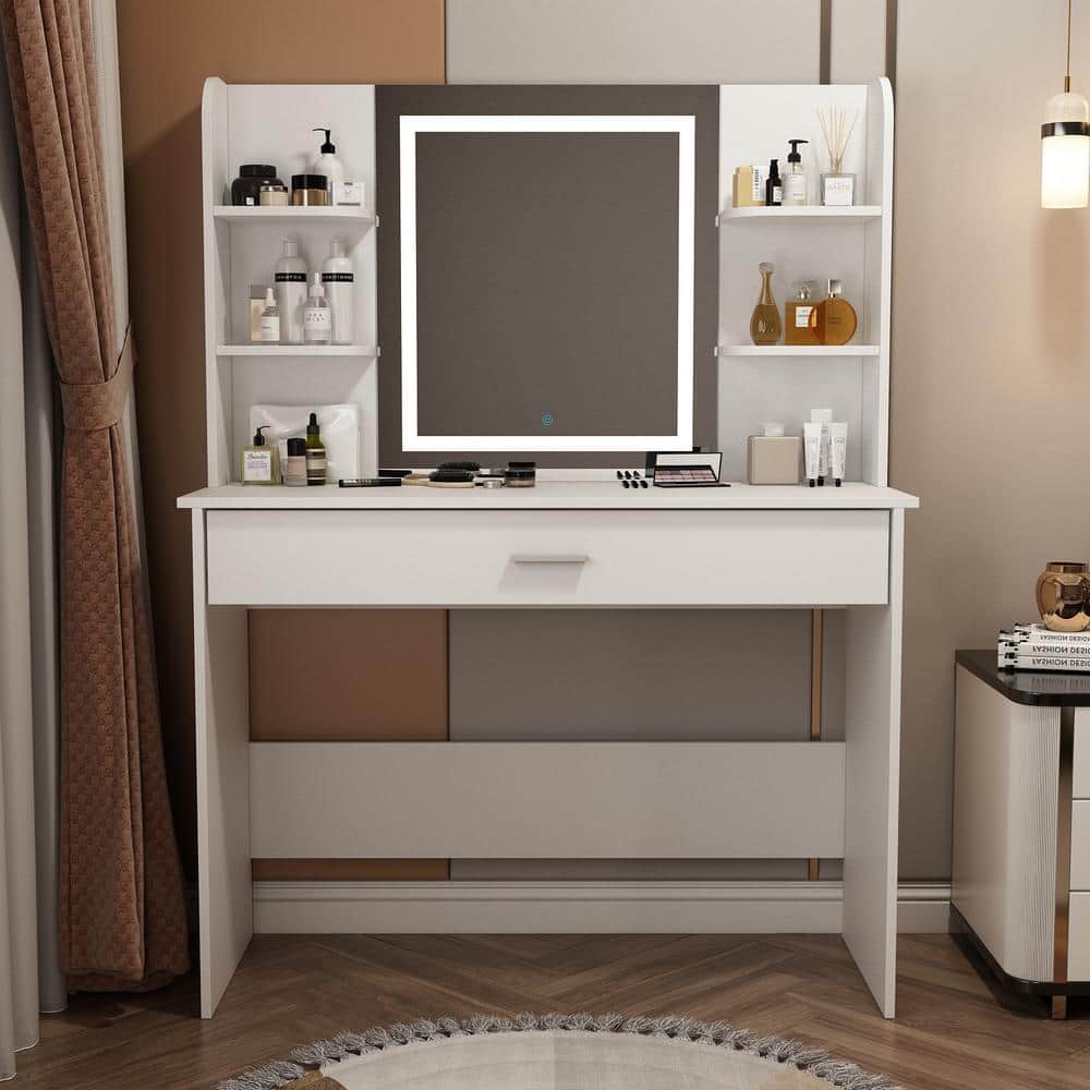 FUFU&GAGA White Dresser LED Color Change Mirror Makeup Dressing Table With  Drawer, Stool (56.1 H x 42.4 W x 15.7 D inch) KF310034-01-KPL - The Home 