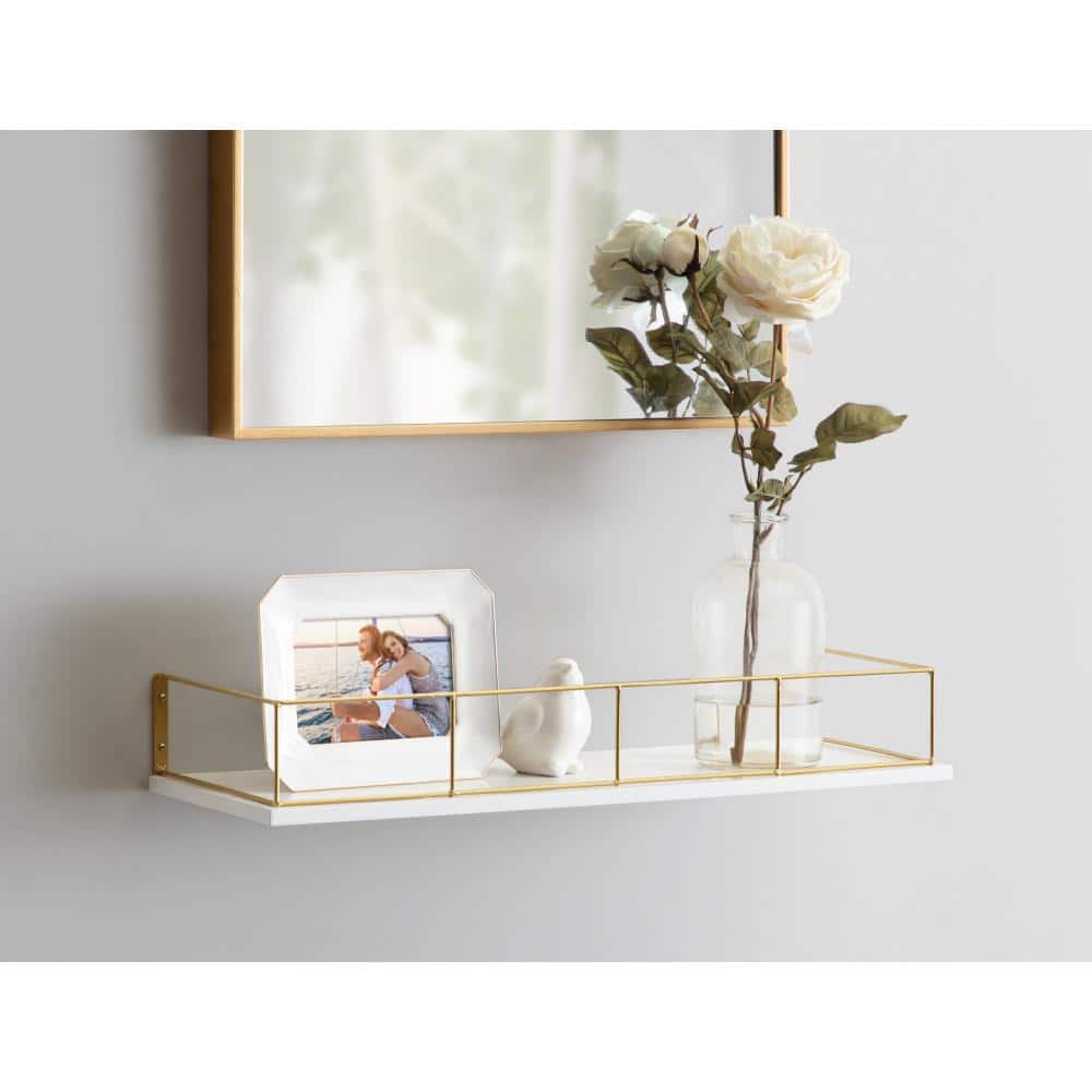 White and Gold Floating Wall Shelf with Metal Frame