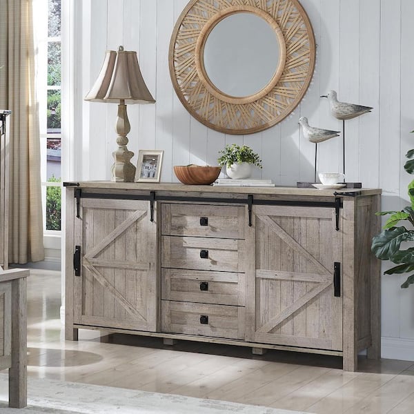 Farmhouse Light Rustic Oak 32 in. Accent Storage Cabinet with 4-Drawers & Sliding Barn Doors