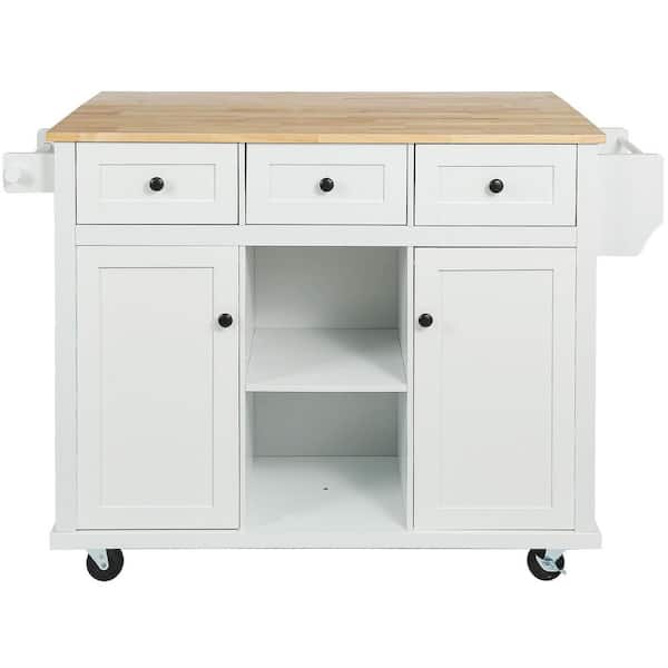 Rolling White Drop Leaf Wood Top 53 in. Kitchen Island Cart with Storage Racks, Removable Shelves, 5 Wheels