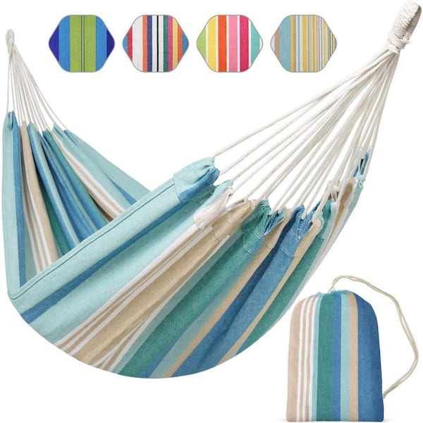 3.8 ft. Brazilian Hammock Portable Hammock Extra Large Canvas Hammock with Carry Bag( Blue Stripes)