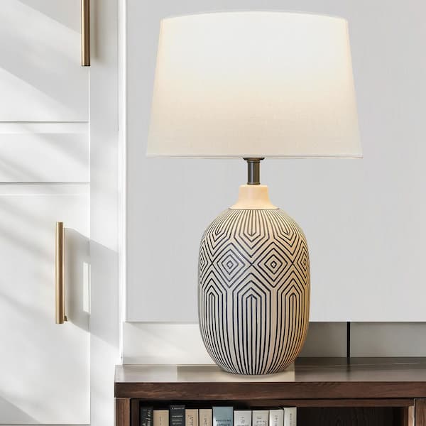 Farmhouse 22.05 in. Black Ceramic Table Lamp for Living Room Bedroom Office with White Fabric Shade