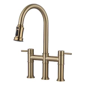 Double Handle Pull Out Sprayer Kitchen 3 Hole Included Supply Lines in Brushed Gold